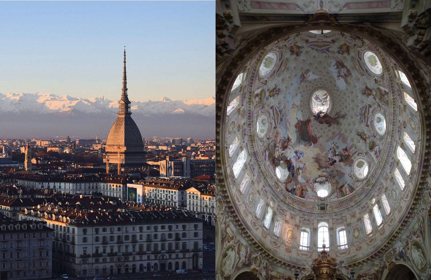 Stadtpanorama Turin (Italien), Kuppel der Wallfahrtskirche Regina Montis in Vicoforte